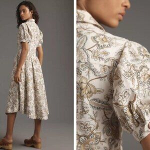 Pilcro Cream and Brown A-Line Maxi Dress with Puff Sleeves